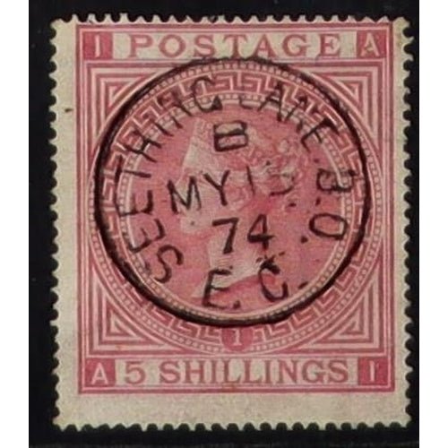 GB.QUEEN VICTORIA 1867-83 5s rose (plate 1) wmk Maltese Cross, SG 126, used with superb Seething Lane MY 15 74 cds cancellation.