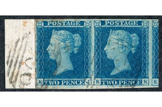 GB 1841 2d Blue pair with part 3rd showing on piece Plate 4 good margins