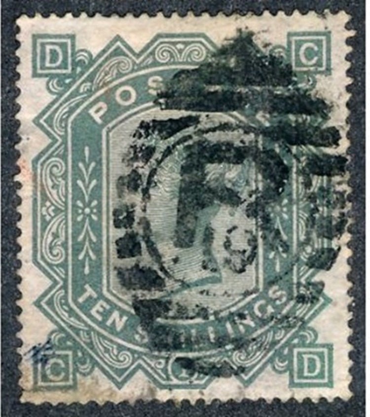 SG 128 1867-83 10/- Greenish-Grey with R 19 Cancellation WMK Maltese Cross (Thin bottom left)