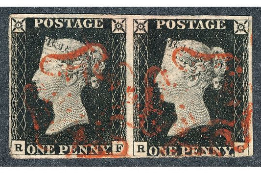 GB, 1840 1D BLACK PAIR, PLATE 2 RED MC CANCELLATIONS. TWO CLEAR MARGINS. LETTERED RF & RG. (SG 1)