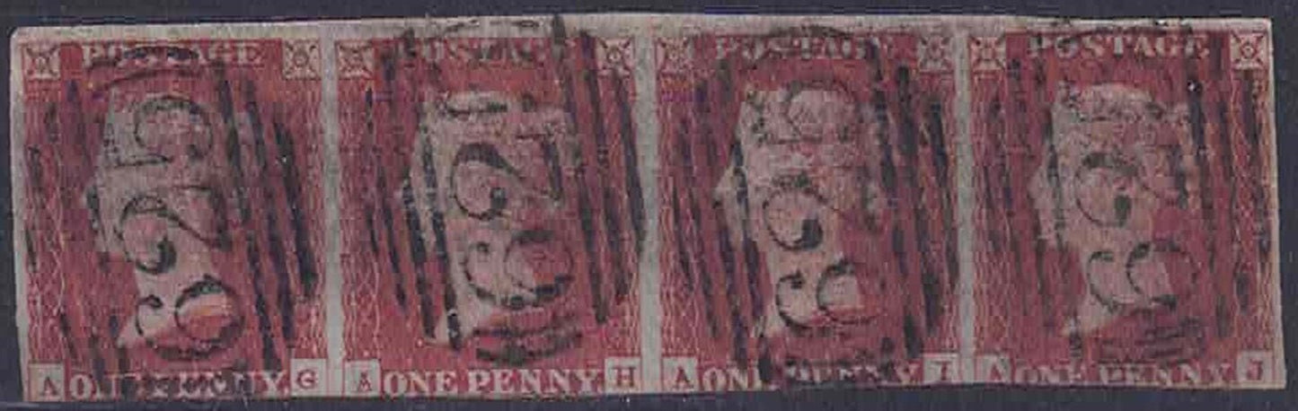 QV penny red SG 8 strip of 4 on blue paper, Portsmouth 625 CDS