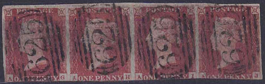 QV penny red SG 8 strip of 4 on blue paper, Portsmouth 625 CDS