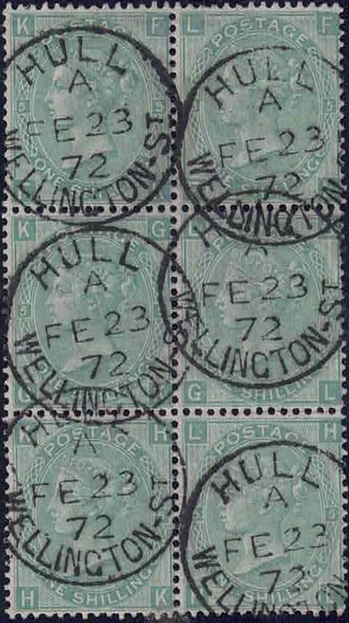 1 QV SG117 1/- Green Letters FK-H-L block of six Hull CDS 's 23 Feb 1872