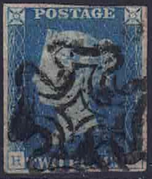 1840 QV SG5  2d Blue Plate 2 Letters H-A 4 margin with Black MX