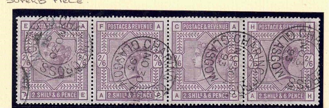 QV 1883/84 SG178 strip of 4 with Charing cross Glasgow CDS (Diagonal Bend) On stamp A-G