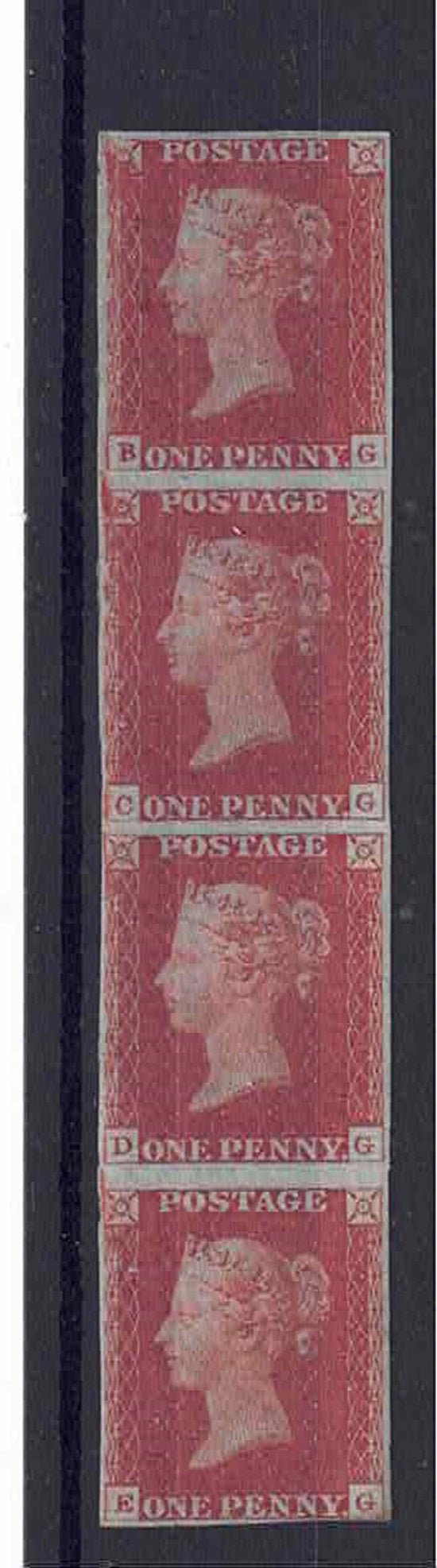 QV 1d  SG 8 Plate 60 Spec BS49 strip of 4 mint with vertical crease but nice rich colour