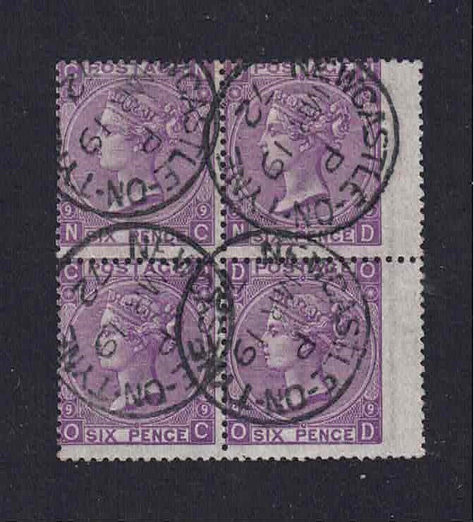 1865 QV 6d mauve pl 9 Emblems block of 4 superb colour Newcastle-on-Tyne CDS