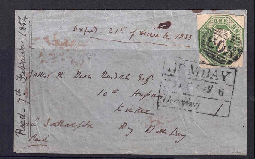 QV SG 55 cut square cover from Oxford to Bombay 1853 Cat £1900