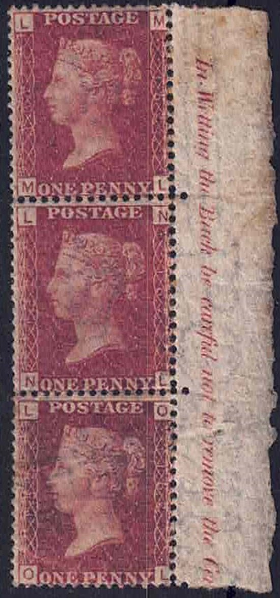 QV mint strip of penny red SG 44 Lake-Red Plate 182 OG with inscription